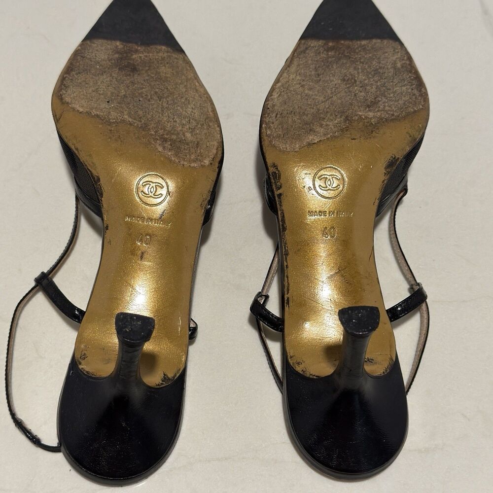 CHANEL BLACK MESH CC BOW SLINGBACK HEELS (IT 40) - Picture 15 of 16